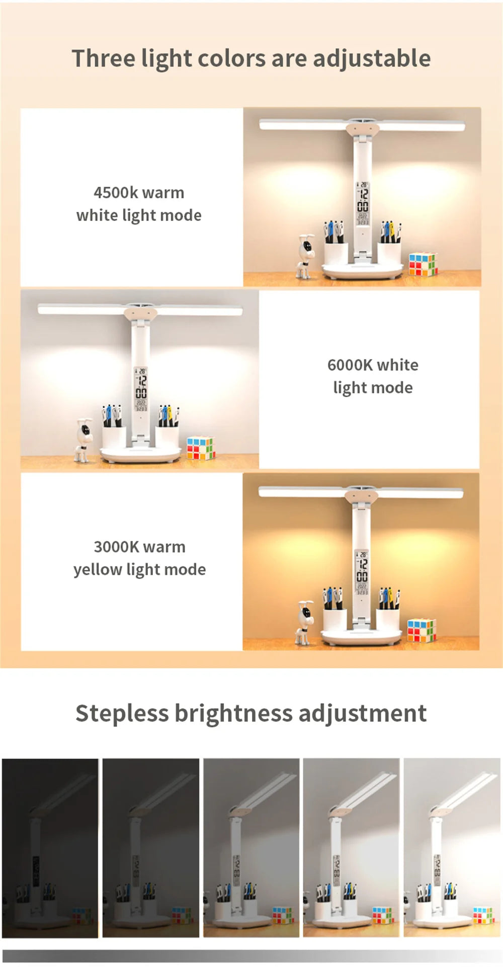 LED Desk Lamp USB with Calendar, Temperature, Clock