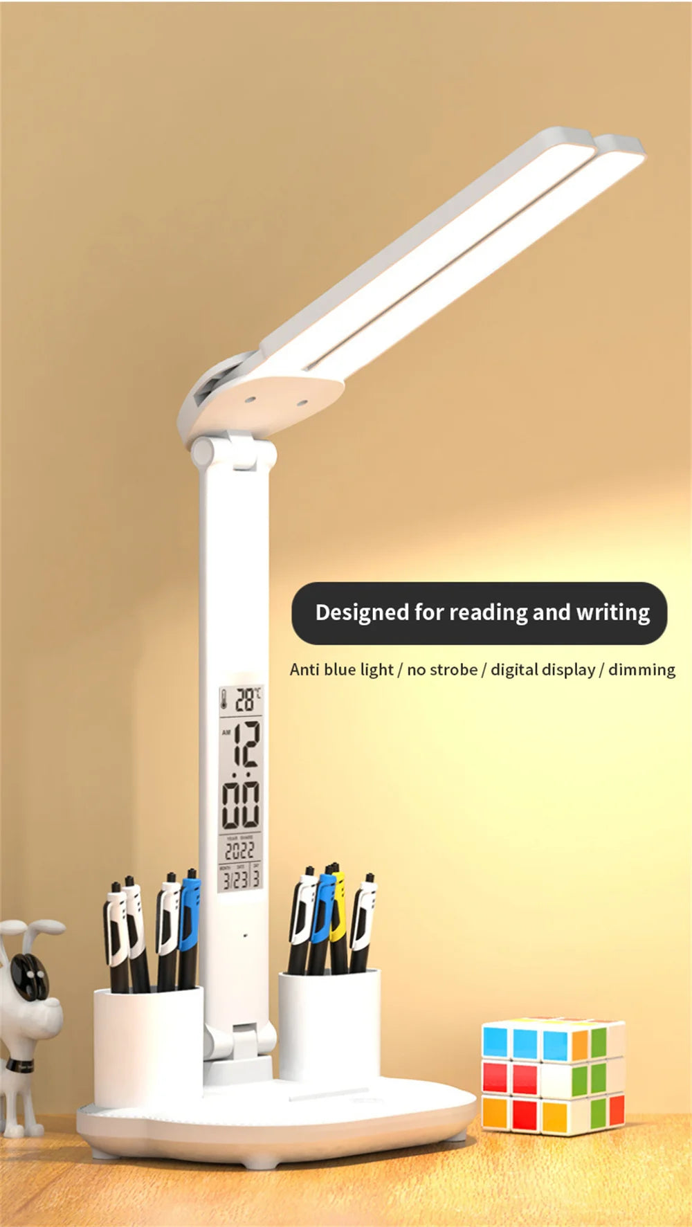 LED Desk Lamp USB with Calendar, Temperature, Clock