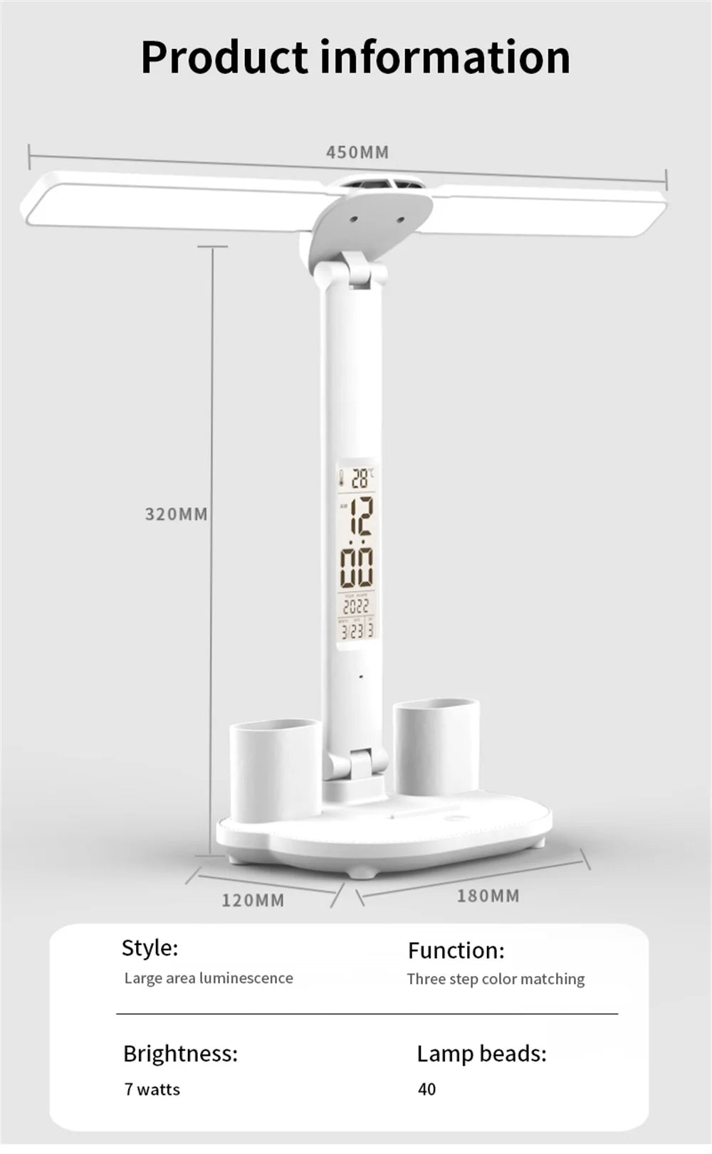 LED Desk Lamp USB with Calendar, Temperature, Clock
