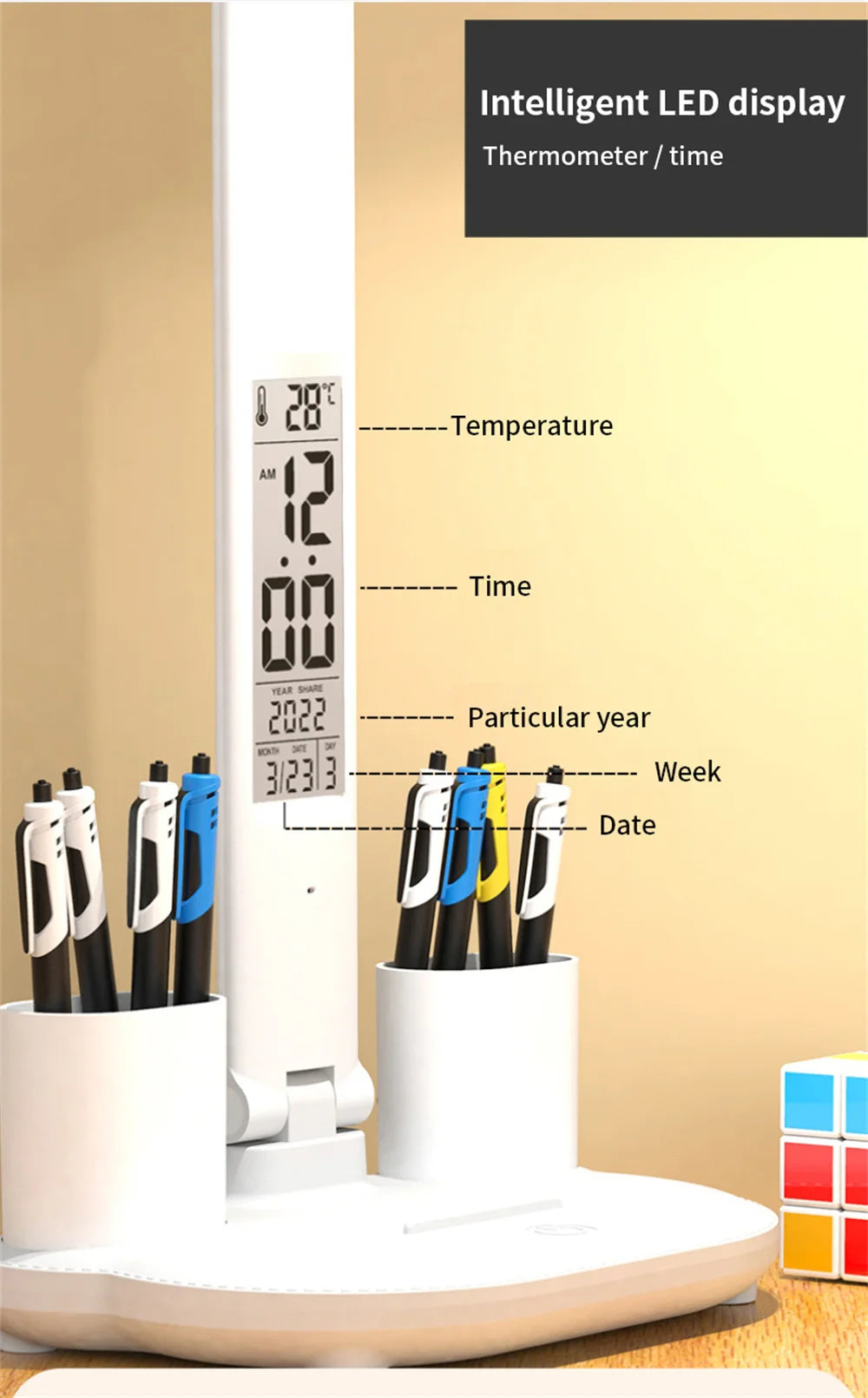LED Desk Lamp USB with Calendar, Temperature, Clock